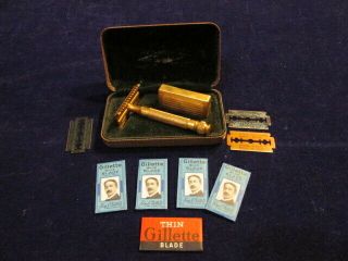 Vintage Gillette Razor Gold Color Case With Blade Box,  5 Pkg Blades M15