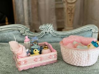 Vintage Miniature Dollhouse Artisan Made Pair Pink Baby Girl Bath Time Dioramas