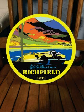 Vintage Old Style Lets Go Places W Richfield In 1934 Gasoline Oil Station Sign