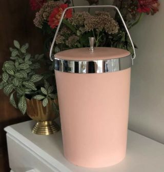 Vintage Plas - Tex Double Tall Ice Bucket Pink Silver Lid Plastic 1960 Bar Plastex