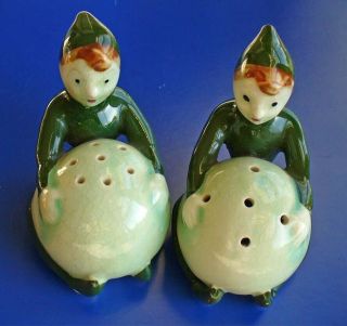 Pixie Elf Salt & Pepper Shakers Vintage 1950s Christmas Balls Green Japan Made