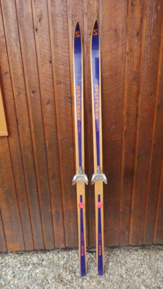 Antique Wooden 70 " Long Hickory Skis,  Bindings Signed Splitkein Finish