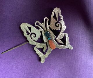 Vtg Charlie Bowie Navajo Sterling Silver Butterfly Pin Turquoise & Spiny Oyster