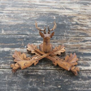 Vintage Black Forest Wood Carving Deer Mount W/ Rifles Handmade Hunting