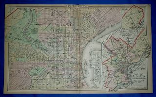 Vintage 1889 Atlas Map Philadelphia,  Pennsylvania Old Authentic S&h