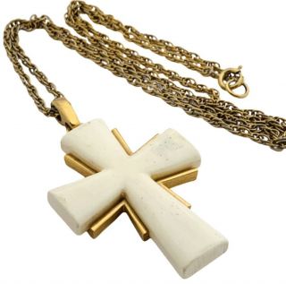 Vtg Trifari Crown Huge Gold Cream Lucite Cross Necklace Chain Designer Runway - 3