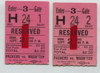 1940 Green Bay Packers Vs Washington Redskins Football Ticket Stubs