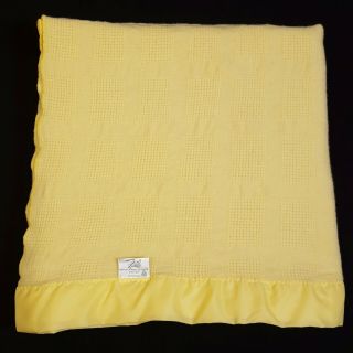Faribo Wool Blanket 56x79 Waffle Weave Vintage Yellow Satin Trim Faribault Usa