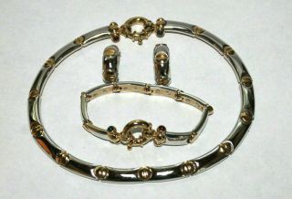 Vintage Signed Tj Hecklace Earrings Bracelet Set Gold Silver Tone Ct