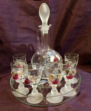 Antique Hand Painted Fruit Pear Handmade Glass Decanter Set & Tray W/ 6 Cordials