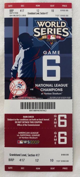 York Yankees 2009 World Series Game 6 Full Ticket Stub Phillies