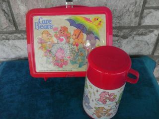 Vintage Red 1985 Aladdin Care Bears Umbrella Plastic Lunch Box W/ Thermos & Cup