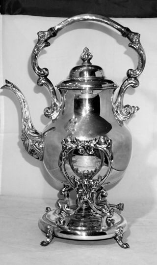 Vtg Sheridan Silver On Copper Tilting Tea/coffee Pot - Samovar W/ Stand & Burner.