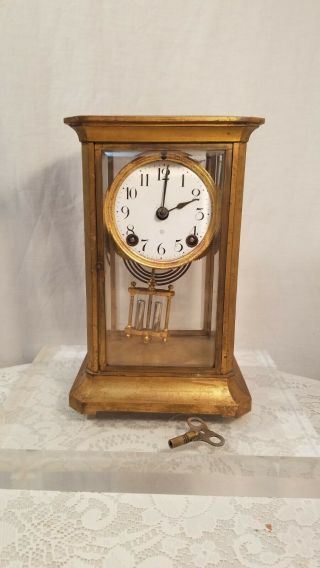 Antique Ansonia Brass Mantle Clock Pendulum / Glass W Key