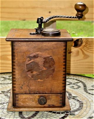 Antique Handcrafted Wood & Cast Iron Coffee Grinder One Pound