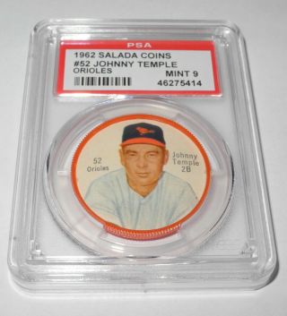 1962 Salada Baseball Coin Pin 52 Johnny Temple Baltimore Orioles Psa 9