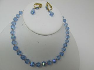 Vintage Blue Glass Bead Necklace With 2 Pairs Clip Earrings