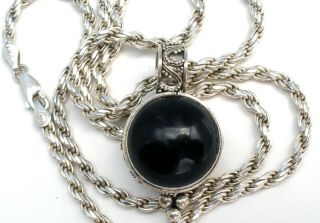 Vintage Rope Chain Necklace With Black Onyx Gemstone Pendant Sterling Silver 22 "