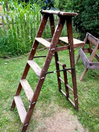 Vintage 4 Rung Wood Step Ladder 60 " Tall Antique