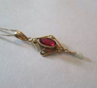 Vintage Antique Signed Ob 10k Yellow Gold Dainty Red Stone Seed Pearl Pendant