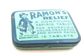 Vintage medicine tin,  RAMON ' S RELIEF A COMPOUND ASPIRIN TABLET WITH DOCTOR LOGO. 2