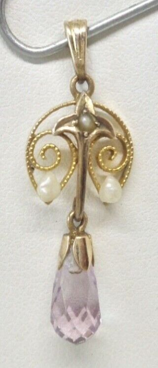 Antique Art Nouveau 10k Gold Faceted Amethyst Seed Pearl Lavaliere Pendant