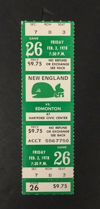 1978 England Whalers Vs Indianapolis Civic Center Wha Hockey Game 26 Ticket