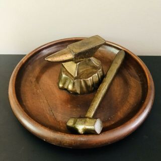 Vintage Brass Mid Century Anvil,  Hammer Nut Cracker,  England No.  832617 Walnut