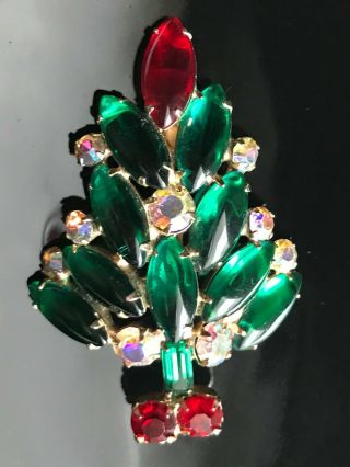 Estate Brooch/pin / Vintage Christmas Tree / Ab / Capuchon Red/green Open Bezel