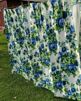 2 Pleated Drapes Vintage Cabbage Rose Floral In Blue And Green