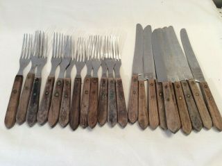 Vintage Stainless Steel Flatware With Riveted Wood Handles 10 Knives,  12 Forks