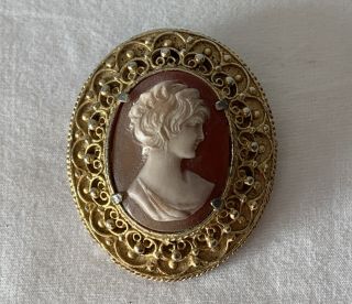 Vintage Faux Cameo Shell Costume Jewellery Brooch Pink Ground Oval Frame