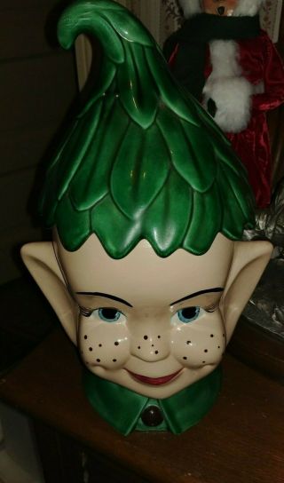 Neat App 14 " Vintage 1978 Handmade Ceramic Elf Pixie Bright Green Cookie Jar