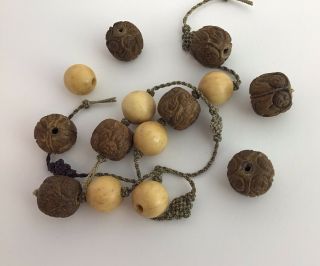 Vintage Chinese Carved Wood Shou & Bovine Beads Of Broken Macrame Necklace Asian