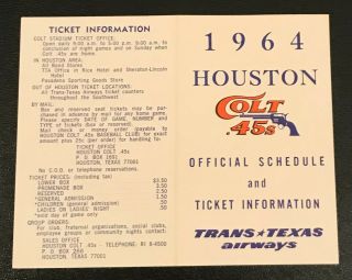 1964 Houston Colt.  45s (astros) Pocket Schedule - - Trans Texas Airways - - Var.  1