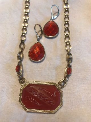 Vtg Necklace And Clip On Earring Set Signed 1928