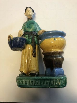 Htf Antique Shiwan Clay Mudman Woman W/ Water Buckets Figurine Statue Guc