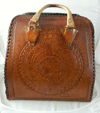 Vintage Hand Tooled Leather Bowling Ball Bag W/aztec Mayan Carving South America