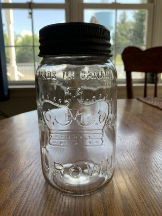 Vintage Glass Canada 1949 Crown Mason Jar With Glass Lid & Seal