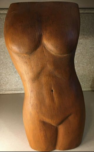 Vintage Mid - Century Nude Female Torso Hand Carved Wood Sculpture 13.  5 " Tall