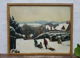 Antique Old Vintage Impressionist Oil Painting Winter Scene Children Sledging