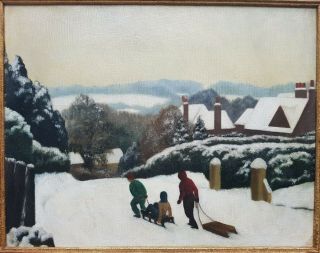 Antique Old Vintage Impressionist Oil Painting Winter Scene Children Sledging 2