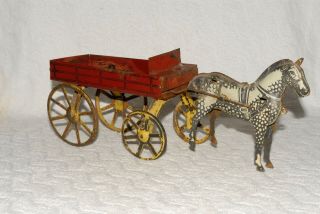 Antique Toy Tin Lithograph Horse - Drawn Wagon - 14 - 1/2 " Long