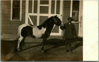 Vintage 1910s Rppc Postcard African American Black Boy With Horse / Barn Farm