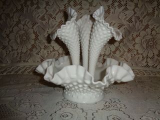 Vintage Fenton Milk Glass White Hobnail Ruffled Epergne 3 Horn Flower Vase