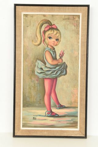 Mcm Vintage Ballerina Wall Hanging Art Maio 19”x34” Big Eye Painting Like Keane