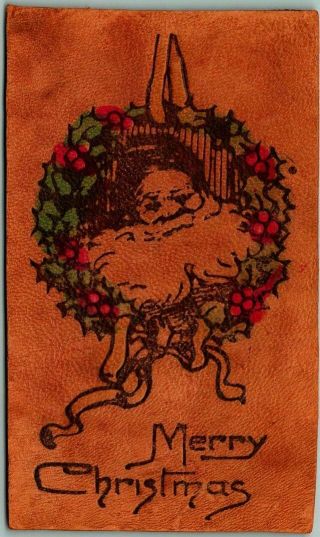 Vintage Santa Claus Leather Postcard " Merry Christmas " - 1907 Iowa Cancel