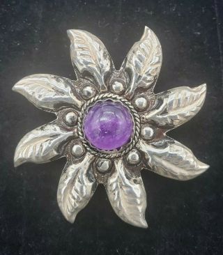 Vintage 925 Sterling Silver Mexico Amethyst Flower Broch Stamped