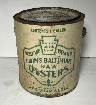 Antique 1 Gallon Tin Durm’s Baltimore Raw Oysters