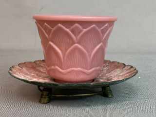 Antique Chinese Pink Peking Glass Tea Cup Bowl With Enamel Lotus Petal Saucer